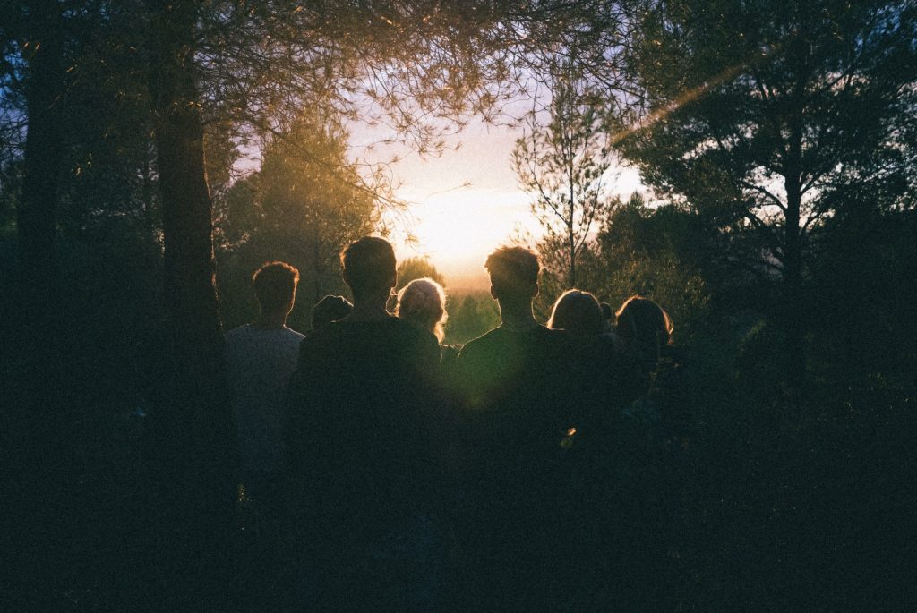 A group of people looking out into the sunset in a forest. 