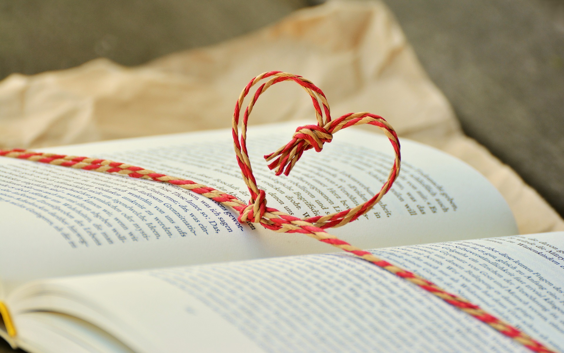 An open book tied with a rope in the shape of a heart.