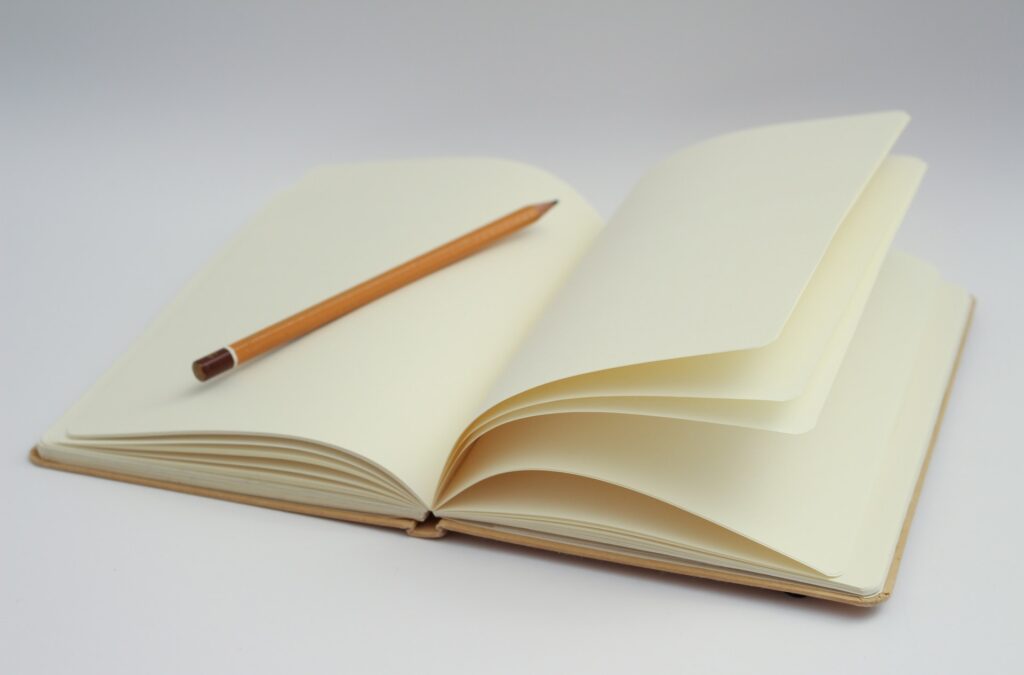 An open notebook with a pencil on top. You have to start somewhere when writing a YA fiction. 